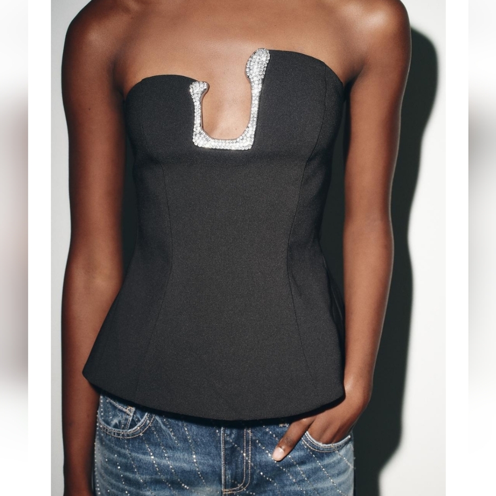 Zara Jewel Shimmery Corset Bandeau Top Black